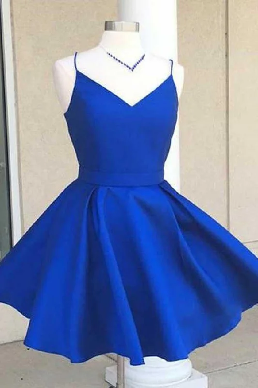 V-Neck Open Back Royal Blue Satin Homecoming Dress with Bowknot PD088