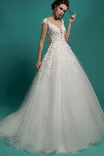 A-Line Long V-Neck Short-Sleeve Illusion Tulle Dress With Appliques And Bow