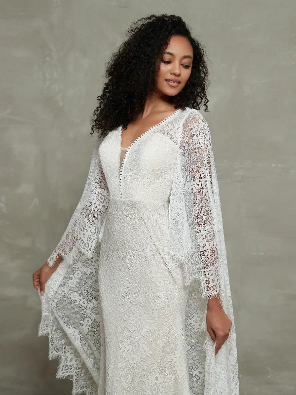 Deep V-neck Lace Bridal Dresses with Shawl-As Picture