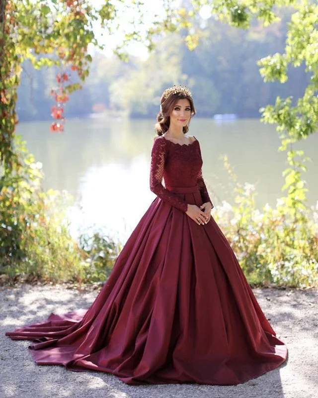 Burgundy Wedding Dress Lace Long Sleeves Ball Gown