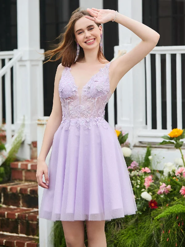 Appliqued Transparent Top Sleeveless Short Dress Lilac