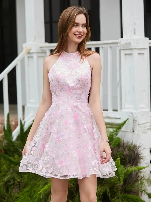 Halter Flowers Appliqued Short Dress with Beaded Blushing Pink