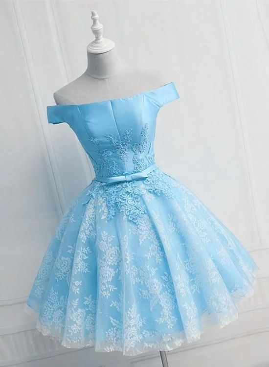 Light Blue Lace and Satin Short Party Dress, Blue Homecoming Dress    cg24265