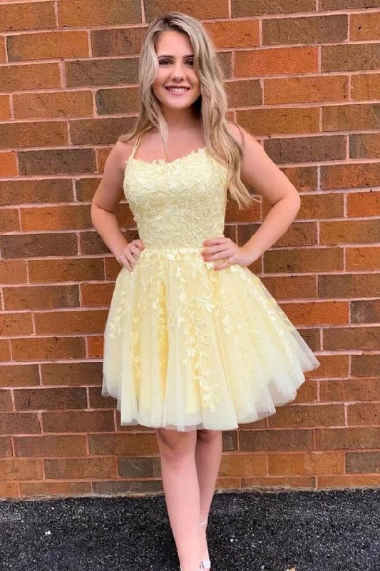 short yellow A-line lace appliqued homecoming dress birthday party dress with straps       cg23730