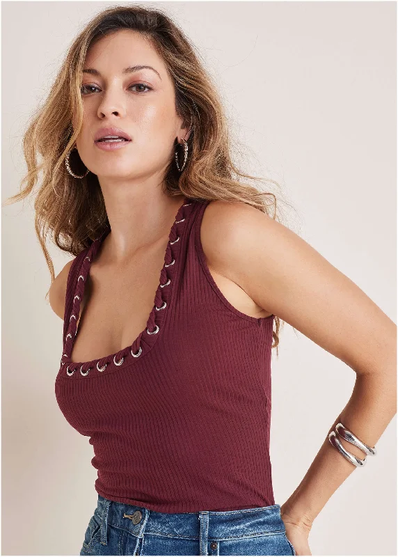 Exclusive online discounts – Shop clothing for every occasion!  Lace-Up Square Neck Tank - Wine