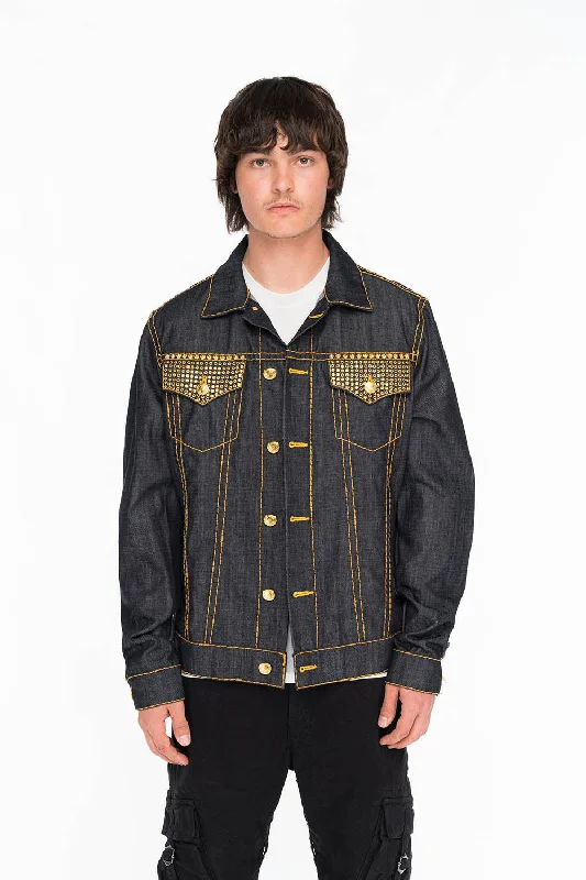 Shop clothing essentials at a fraction of the price – ROBINS RAW DENIM COLLECTION MENS JACKET IN RAW INDIGO DENIM WITH AURUM CRYSTAL AND STUDS Shop clothing essentials at a fraction of the price – ROBINS RAW DENIM COLLECTION MENS JACKET IN RAW INDIGO DENIM WITH AURUM CRYSTAL AND STUDS