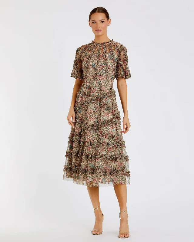 Floral Flutter Sleeve Mesh Print Dress