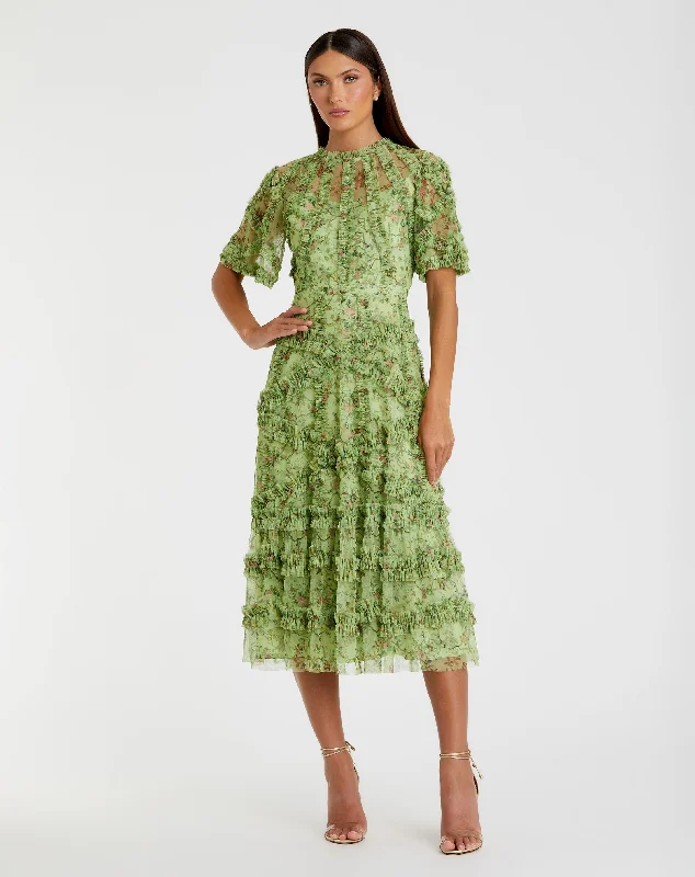 Floral Flutter Sleeve Mesh Print Dress