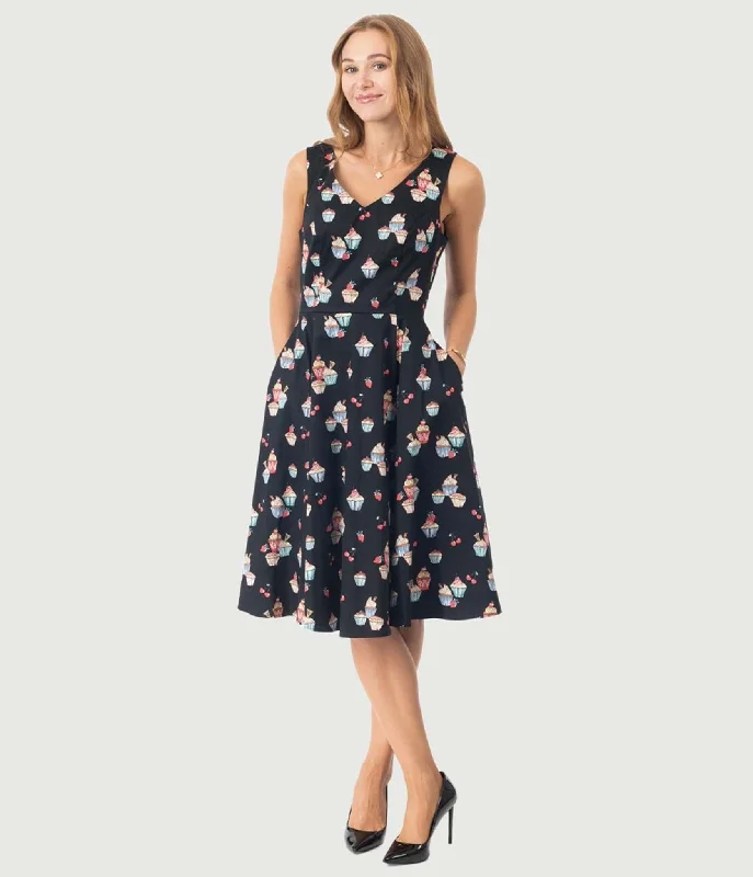 Black Cupcake Print Swing Dress