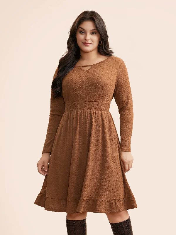 Plain Textured Keyhole Shirred Dress