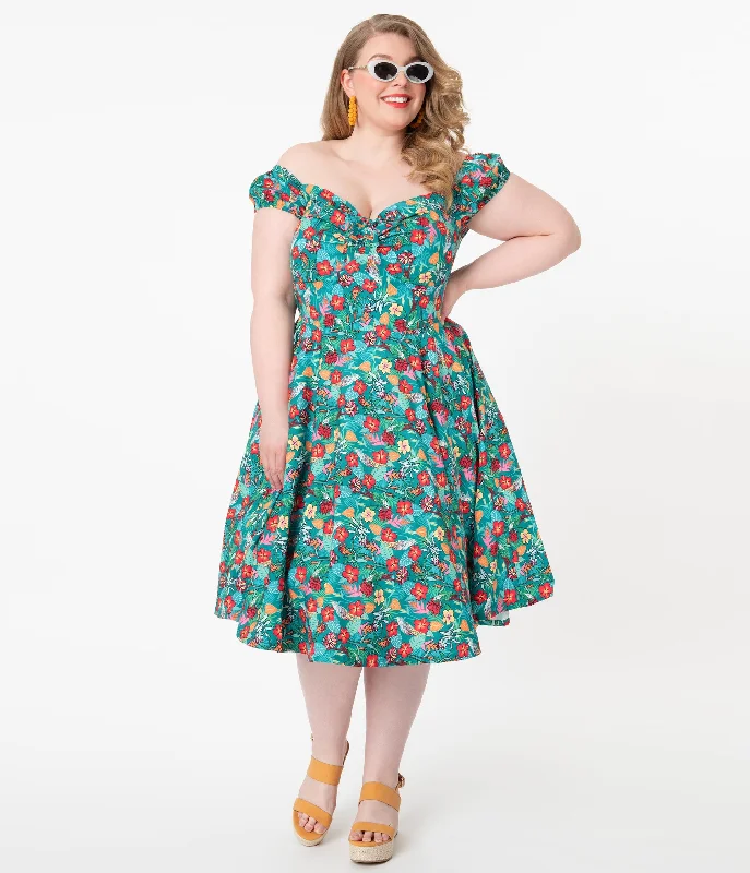 Plus Size Teal & Multicolor Tropical Floral Print Preston Swing Dress