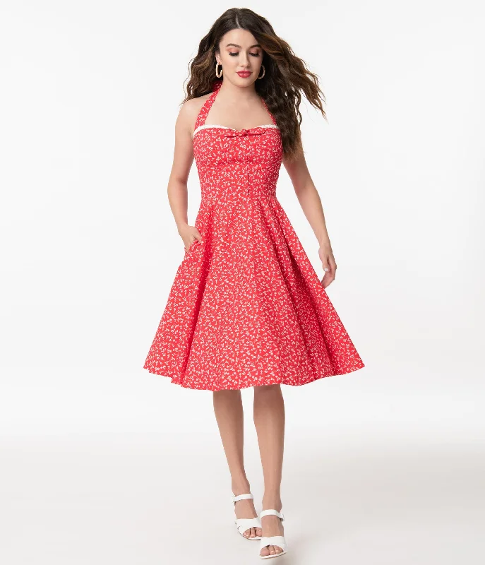 Retro Red & White Floral Halter Kimberly Swing Dress