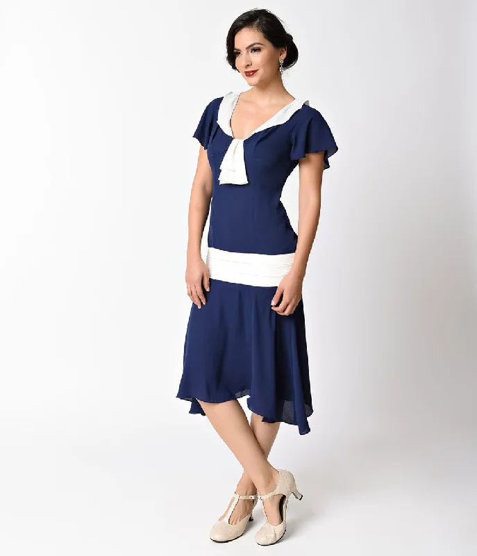 Unique Vintage 1920s Navy Blue & Ivory Wilshire Flapper Day Dress