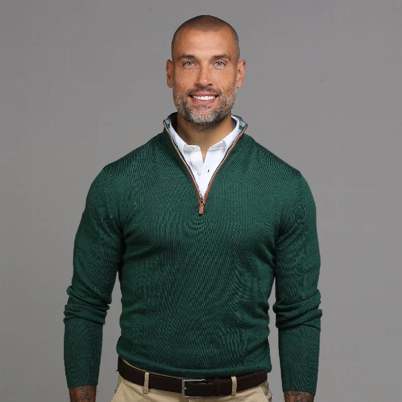Get trendy clothes for less – Big savings on fashion basics! Hunter Green with Brown Suede Trim Cashmere Touch Australian Merino Quarter Zip Sweater Get trendy clothes for less – Big savings on fashion basics! Hunter Green with Brown Suede Trim Cashmere Touch Australian Merino Quarter Zip Sweater