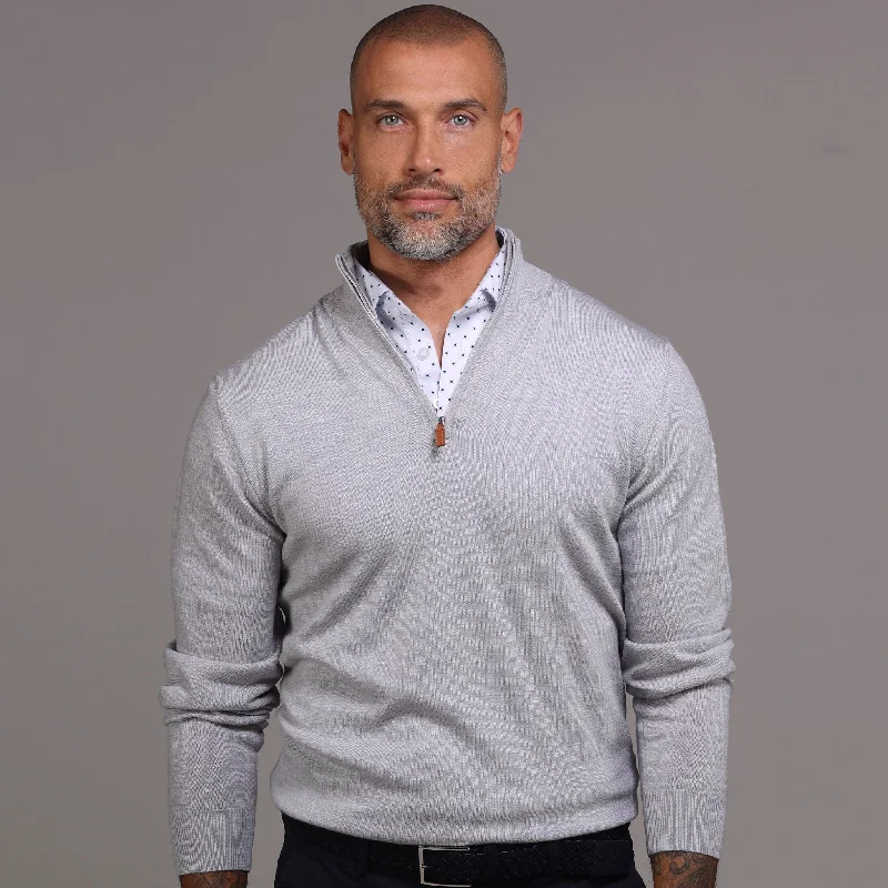 Shop the essentials – men’s wardrobe must-haves on sale. Light Grey Melange Cashmere Touch Australian Merino Quarter Zip Sweater Shop the essentials – men’s wardrobe must-haves on sale. Light Grey Melange Cashmere Touch Australian Merino Quarter Zip Sweater