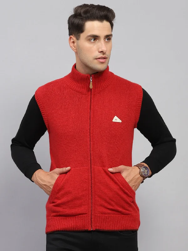 Buy more, save more –  Men Maroon Solid High Neck Sleeveless Sweater