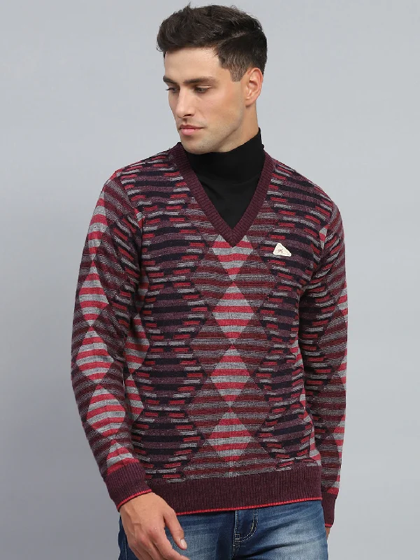 Shop exclusive offers on men’sapparel   Men Maroon Stripe V Neck Full Sleeve Pullover
