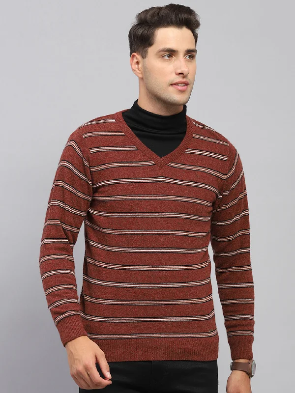 Seasonal discounts on stylish clothes – Perfect for any occasion!  Men Rust Stripe V Neck Full Sleeve Pullover