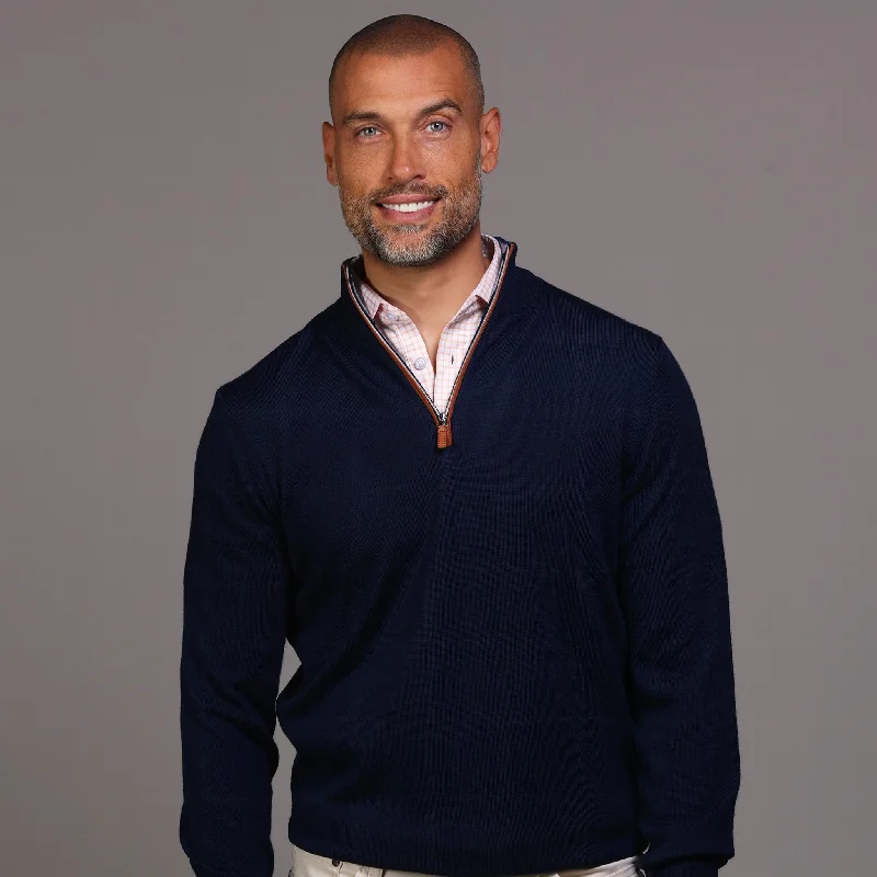 Shop trendy clothing for every season – Special promotion today. Navy with Brown Suede Trim Cashmere Touch Australian Merino Quarter Zip Sweater Shop trendy clothing for every season – Special promotion today. Navy with Brown Suede Trim Cashmere Touch Australian Merino Quarter Zip Sweater