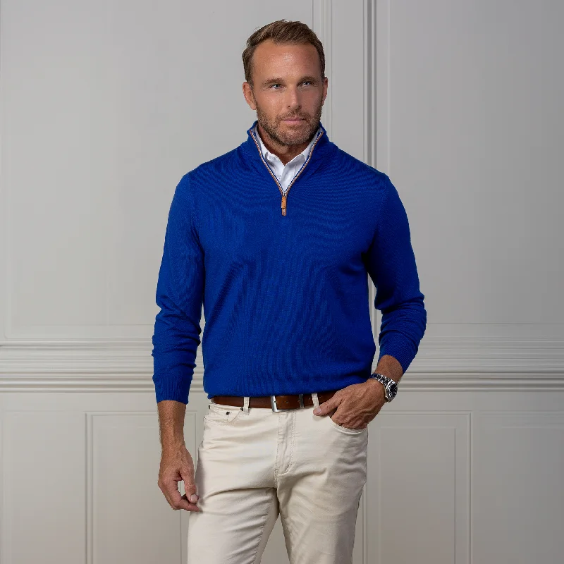 Don’t miss out – huge discounts on men’s trendy styles. Royal Blue with Brown Suede Trim Cashmere Touch Australian Merino Quarter Zip Sweater Don’t miss out – huge discounts on men’s trendy styles. Royal Blue with Brown Suede Trim Cashmere Touch Australian Merino Quarter Zip Sweater