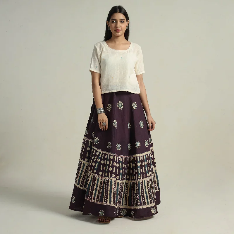 Purple - Hand Batik Printed Running Stitch Cotton Long Skirt 08