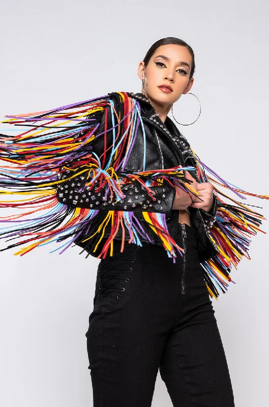 AZALEA WANG FREE RIDER FRINGE MOTO JACKET BLACK MULTI