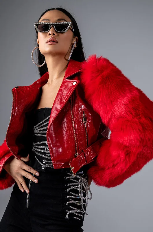 AZALEA WANG RED NOLLA FAUX FUR ARMS CROC MOTO JACKET