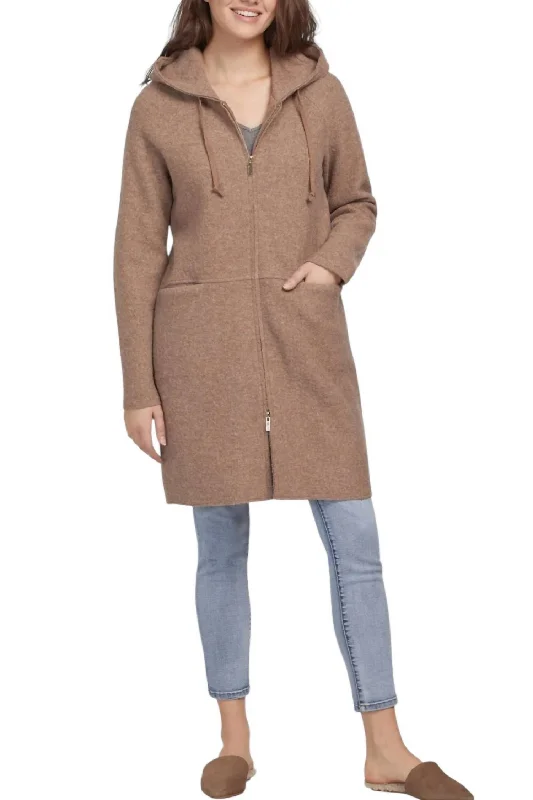 Long Wool Hooded Coat In Brown