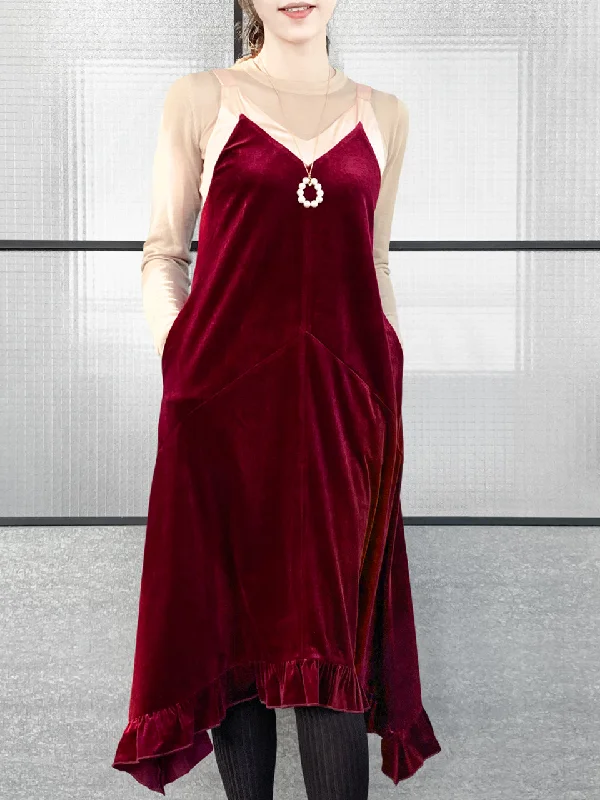 Surprise Sale! Madder Red Silky Contrast V-Neck A-Line Velvet Dress