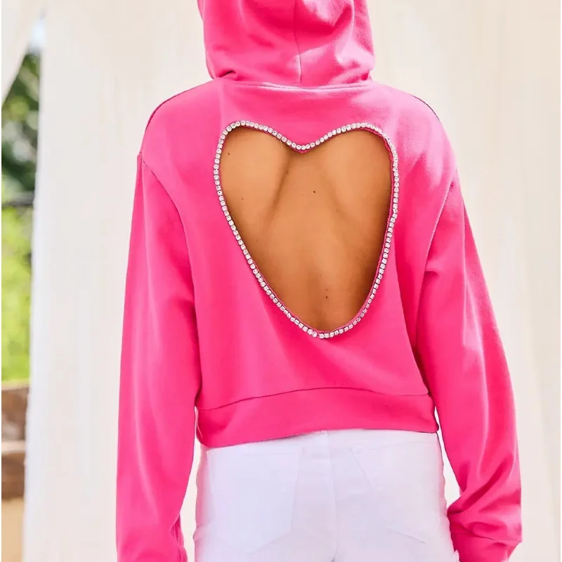 Sweet On You Rhinestone Trim  Hoodie Hot Pink