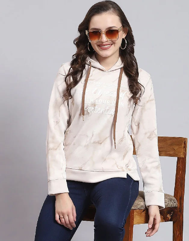 Women Beige Printed Hooded Full Sleeve Sweatshirt