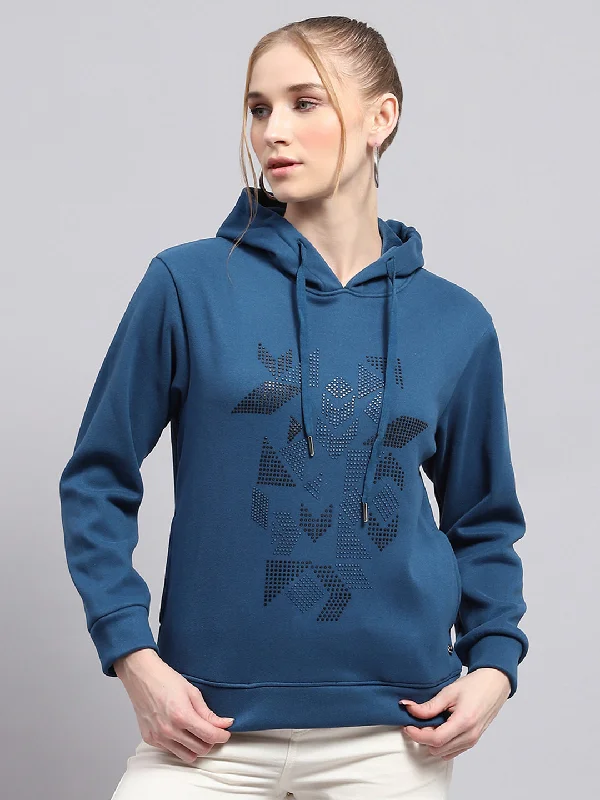 Women Blue Printed Hooded Full Sleeve Sweatshirt