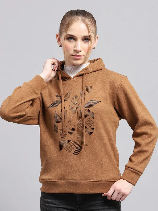 Women Brown Printed Hooded Full Sleeve Sweatshirt