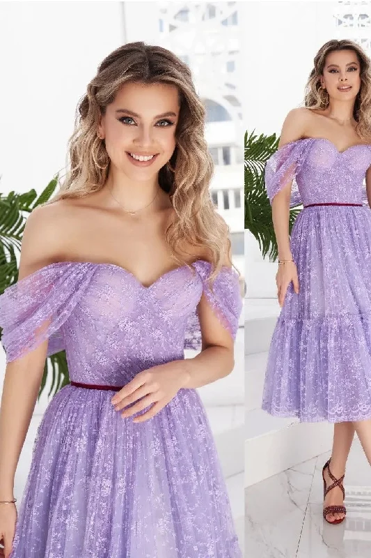 A-line Lavender Lace Prom Dress Tea-Length