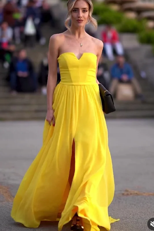 A-line Yellow Prom Dresses with Chiffon Skirt