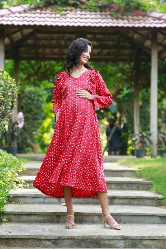 Adorable Candy Red Blossom Maternity & Nursing Dress (100% Cotton)