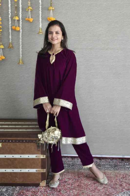 Adorable Wine Velvet Maternity Kurta Set (2 Pc)