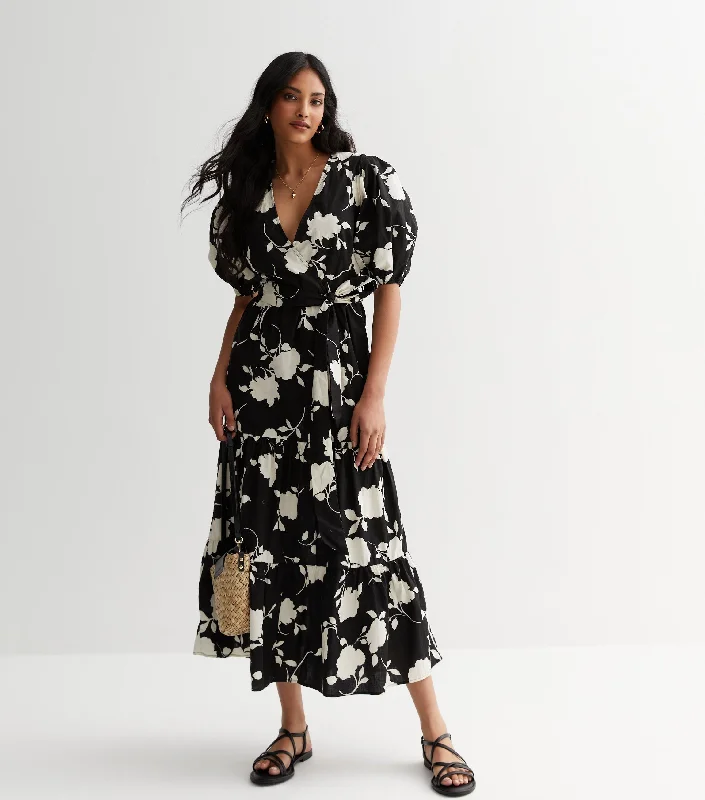 Black Floral Poplin Wrap Tiered Midi Dress