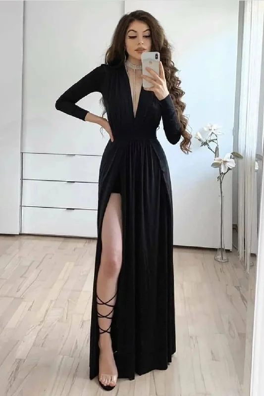 Black Long Sleeves Prom Dress with Leg Split Side