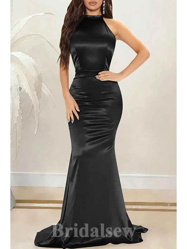 Black Open Back High Neck Mermaid Elegant Formal Black Girls Slay Satin Evening Long Prom Dresses PD1380