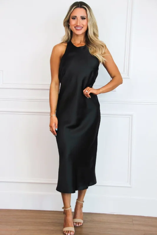 Cely High Neck Satin Midi Dress: Black