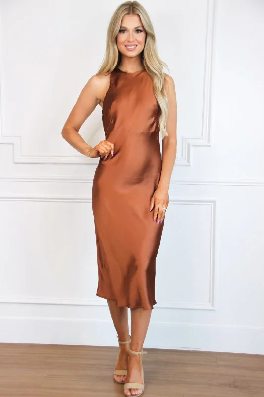 Cely High Neck Satin Midi Dress: Chocolate