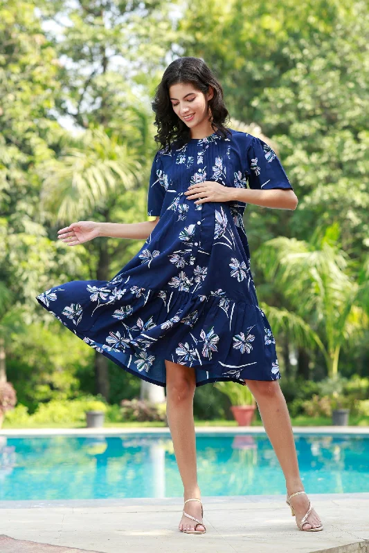 Charming Navy Floral Punch Maternity & Nursing Pintucks Frill Shirt Dress