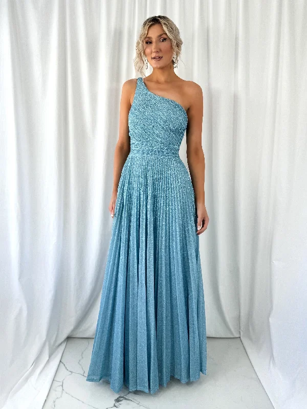 Coraly Bright Pleated Maxi Dress with Draped One Shoulder Top - Light Blue