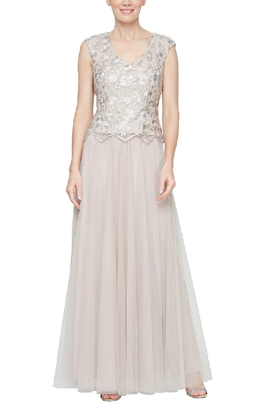 Long V-Neck Stretch Tulle Embroidered Mock  Dress with Cap Sleeves and Full Skirt