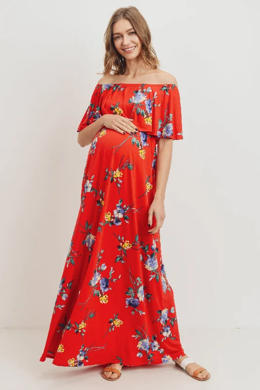 Floral Off Shoulder Maternity Maxi Dress