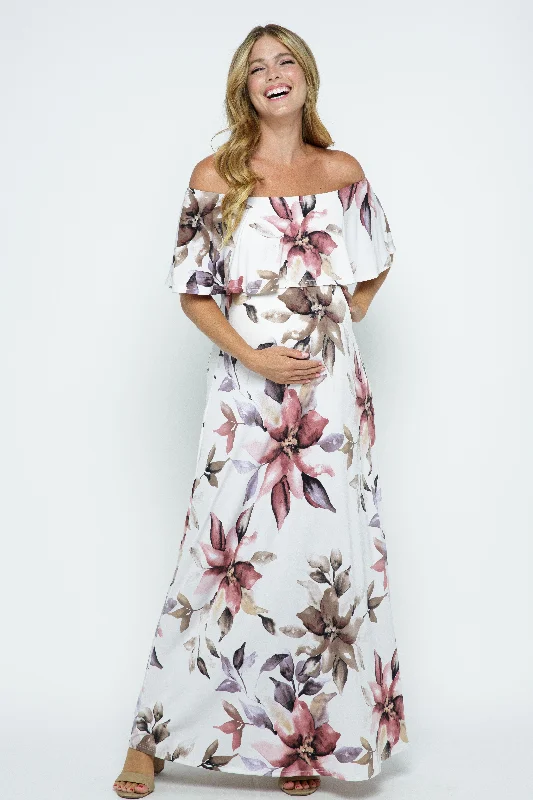 Floral Off Shoulder Maternity Maxi Dress