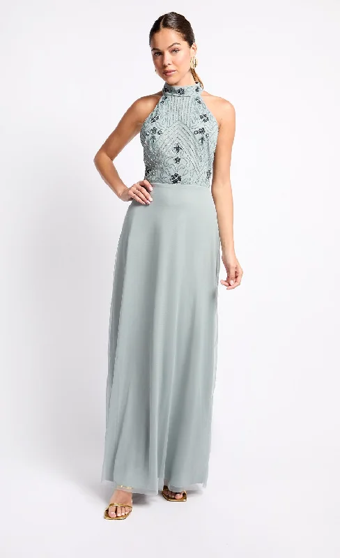 Grey Embellished High Neck Maxi Dress