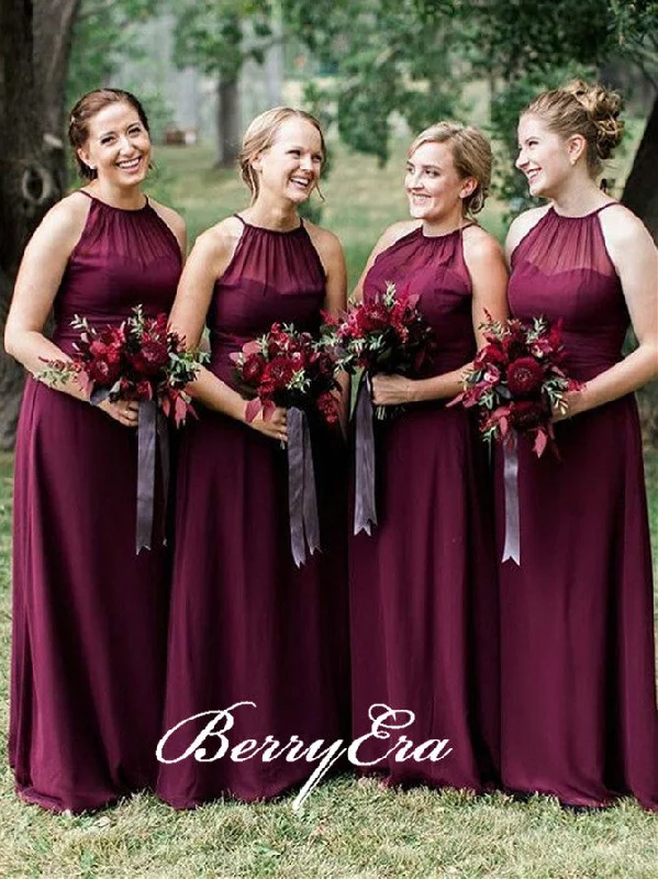 Halter Burgundy Chiffon Long A-line Bridesmaid Dresses