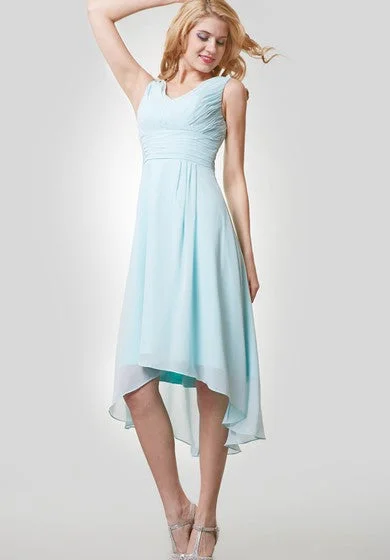 High-Low Chiffon Sleeveless V-Neck Dress With Ruching